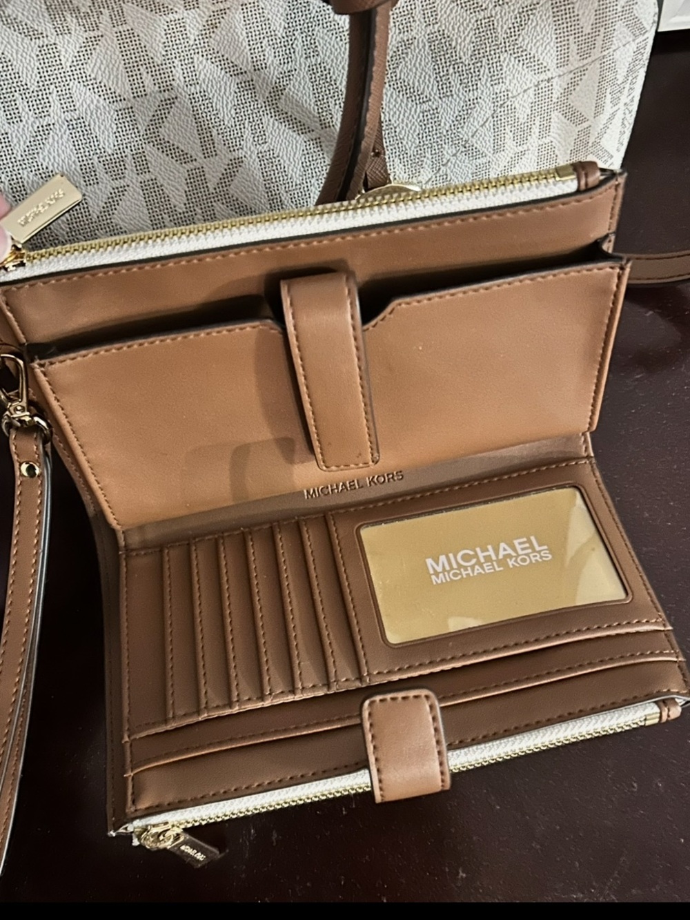 Michael Kors Tan Leather Wristlet Wallet with Gold Hardware